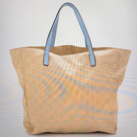 #0212 Gucci GG Beige Canvas & Baby Blue Leather Tote - Picture 2 of 11